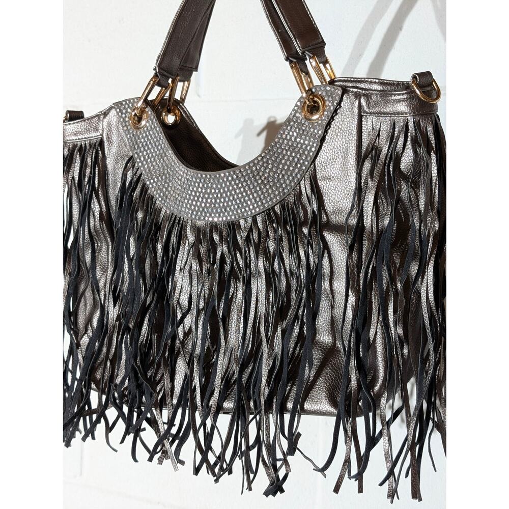 Metallic Silver Fringe Rhinestone Detail Shoulder Bag Hobo Purse Glam - Picture 3 of 6